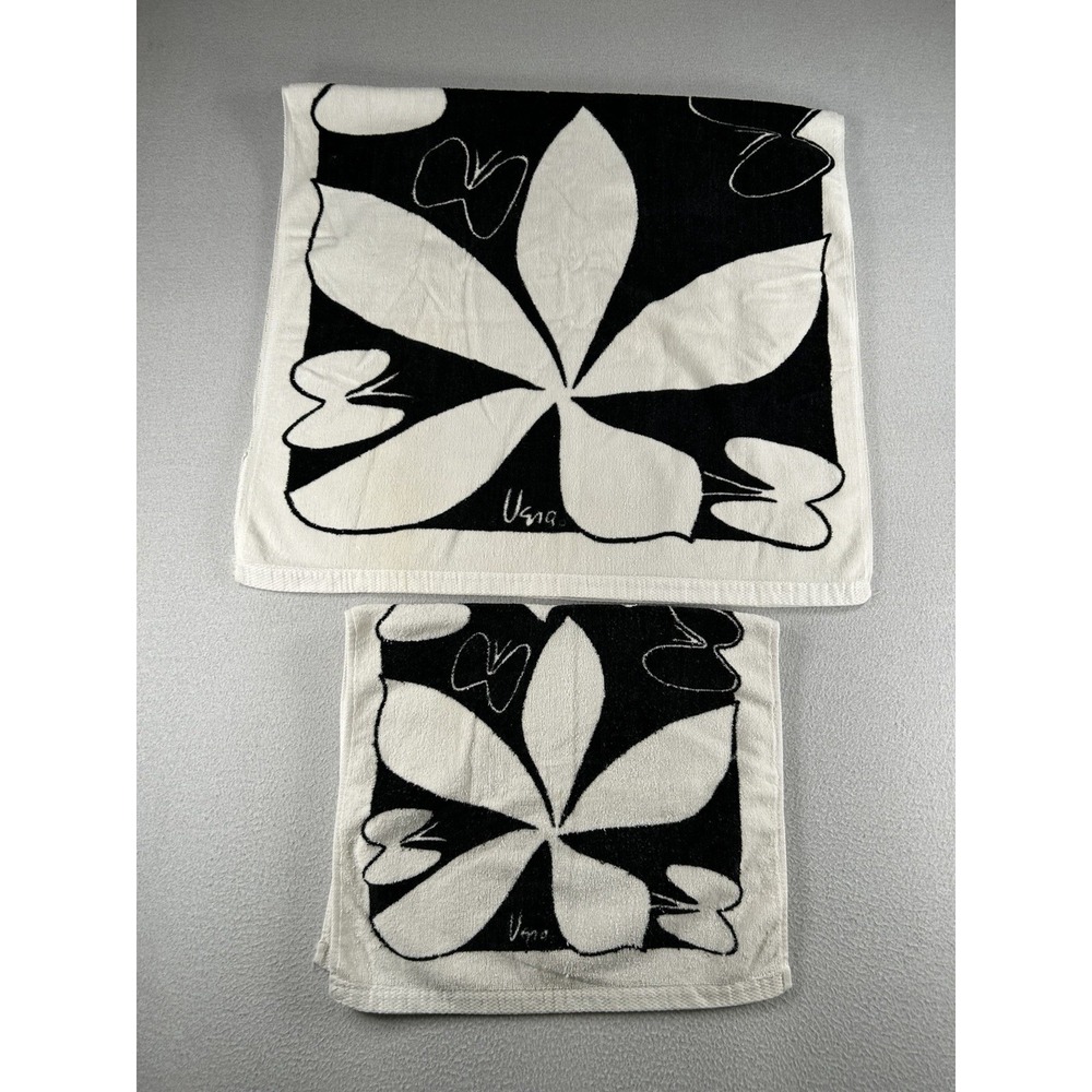 VTG VERA NEUMANN Black White Floral Butterfly Bath Towel Hand Towel Set RARE